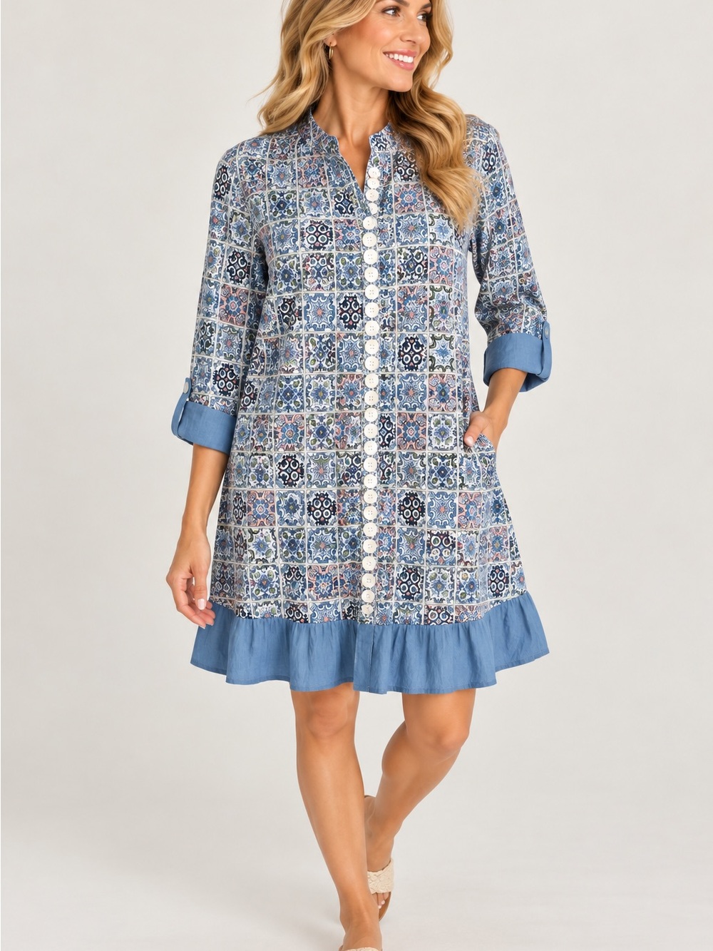 39. Liza Byrd Blue Mosaic Print Button-Front Mini Dress